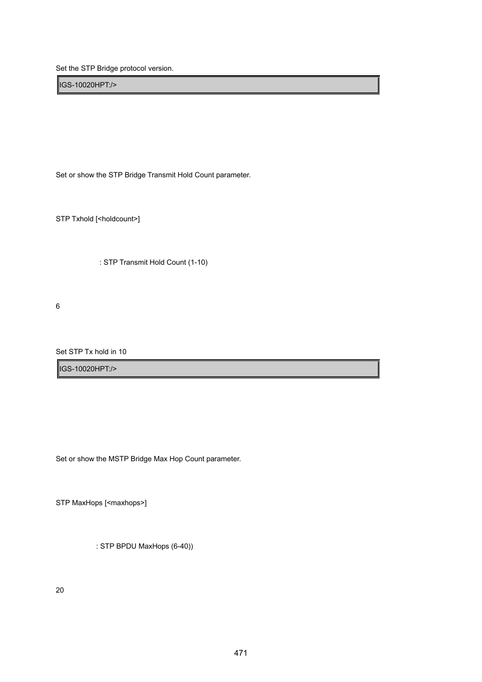Stp tx hold, Stp maxhops | PLANET IGS-10020HPT User Manual | Page 471 / 615