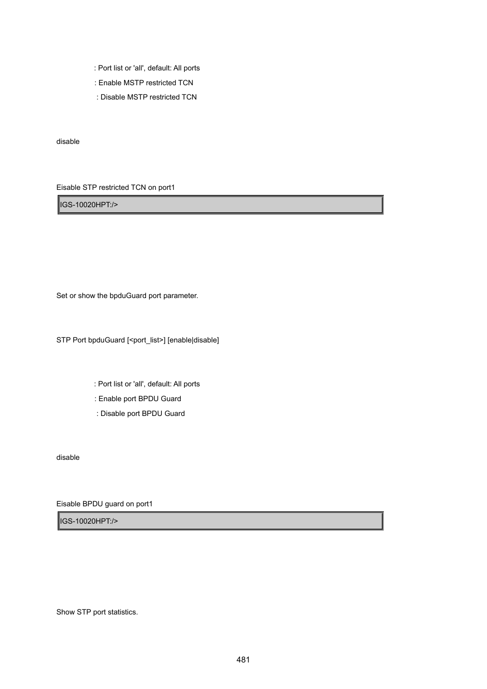 Stp port bpduguard, Stp port statistic | PLANET IGS-10020HPT User Manual | Page 481 / 615