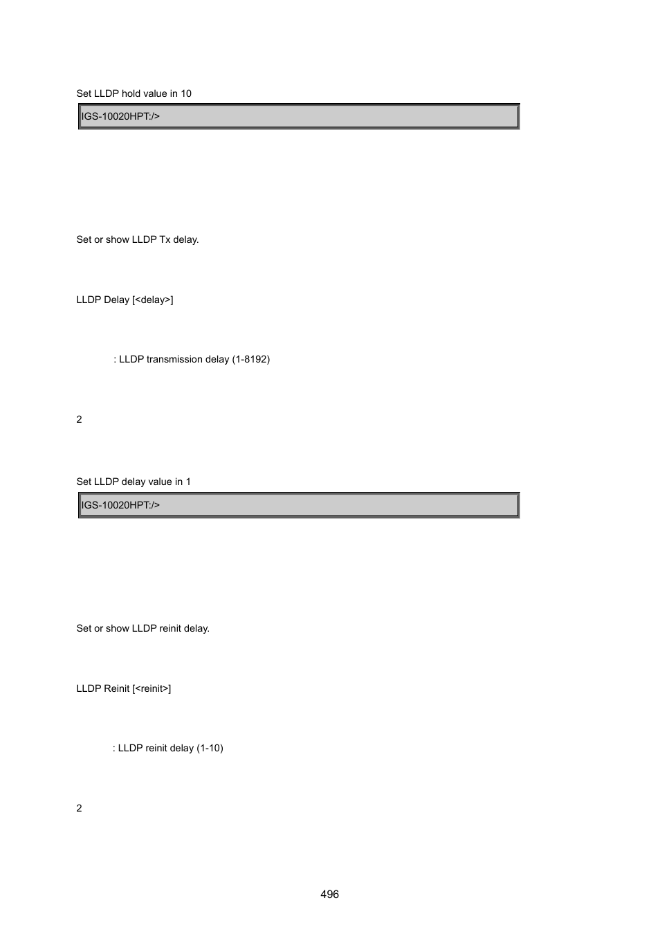 Lldp delay, Lldp reinit | PLANET IGS-10020HPT User Manual | Page 496 / 615
