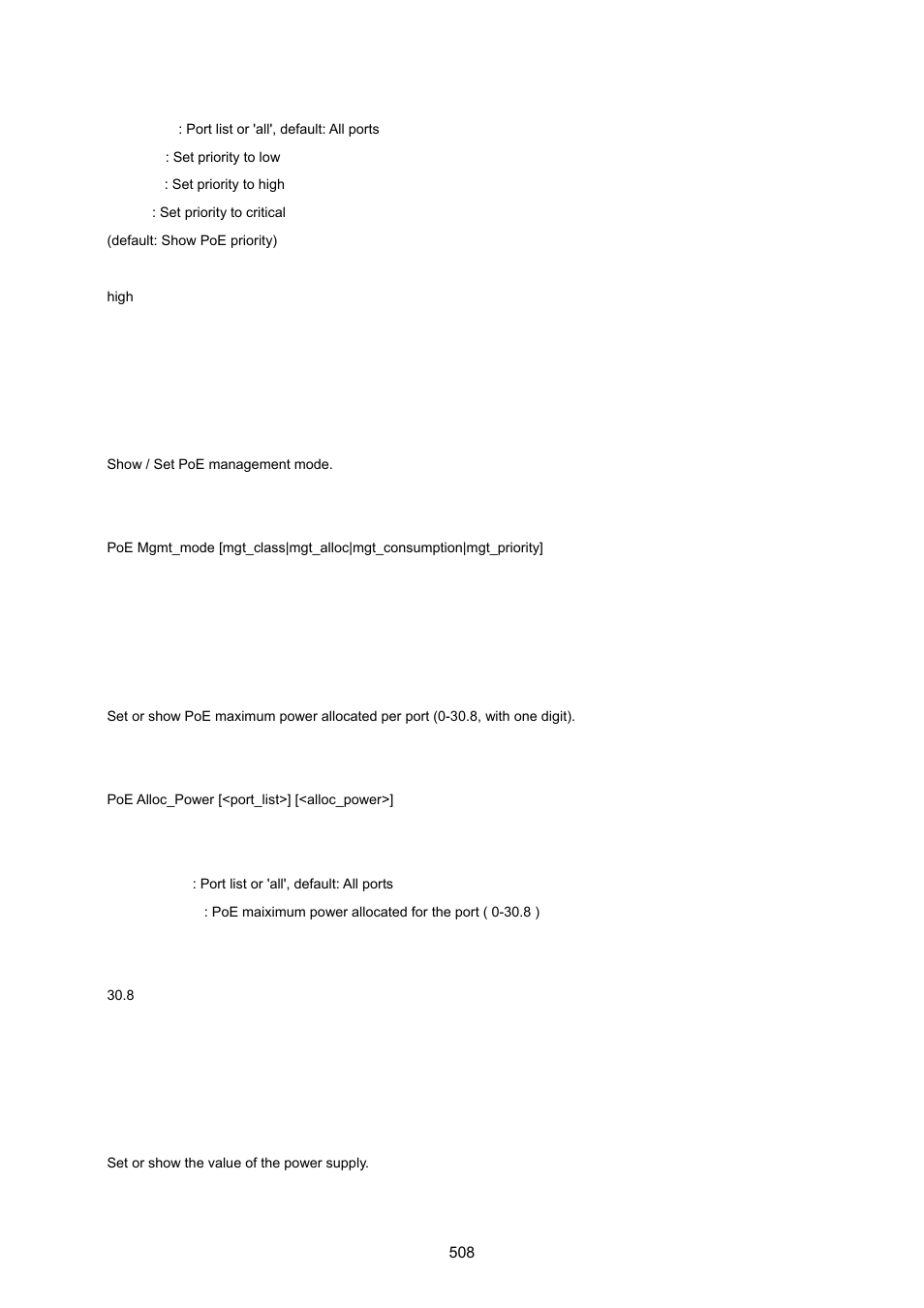 Poe mamagement mode, Poe allocated power, Poe power supply | PLANET IGS-10020HPT User Manual | Page 508 / 615