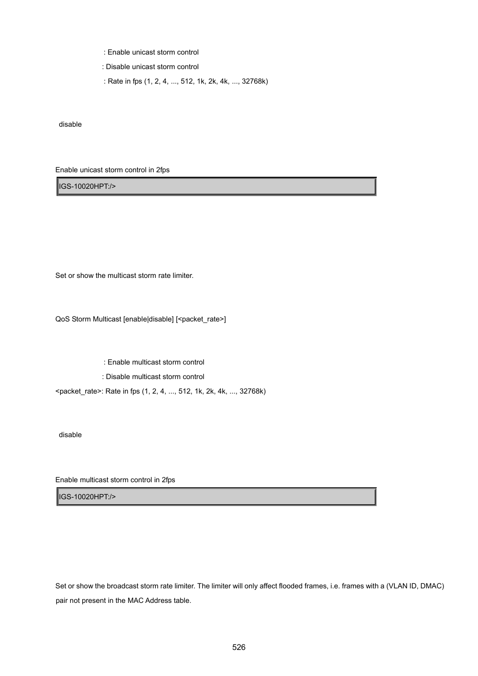 Qos storm multicast, Qos storm broadcast | PLANET IGS-10020HPT User Manual | Page 526 / 615