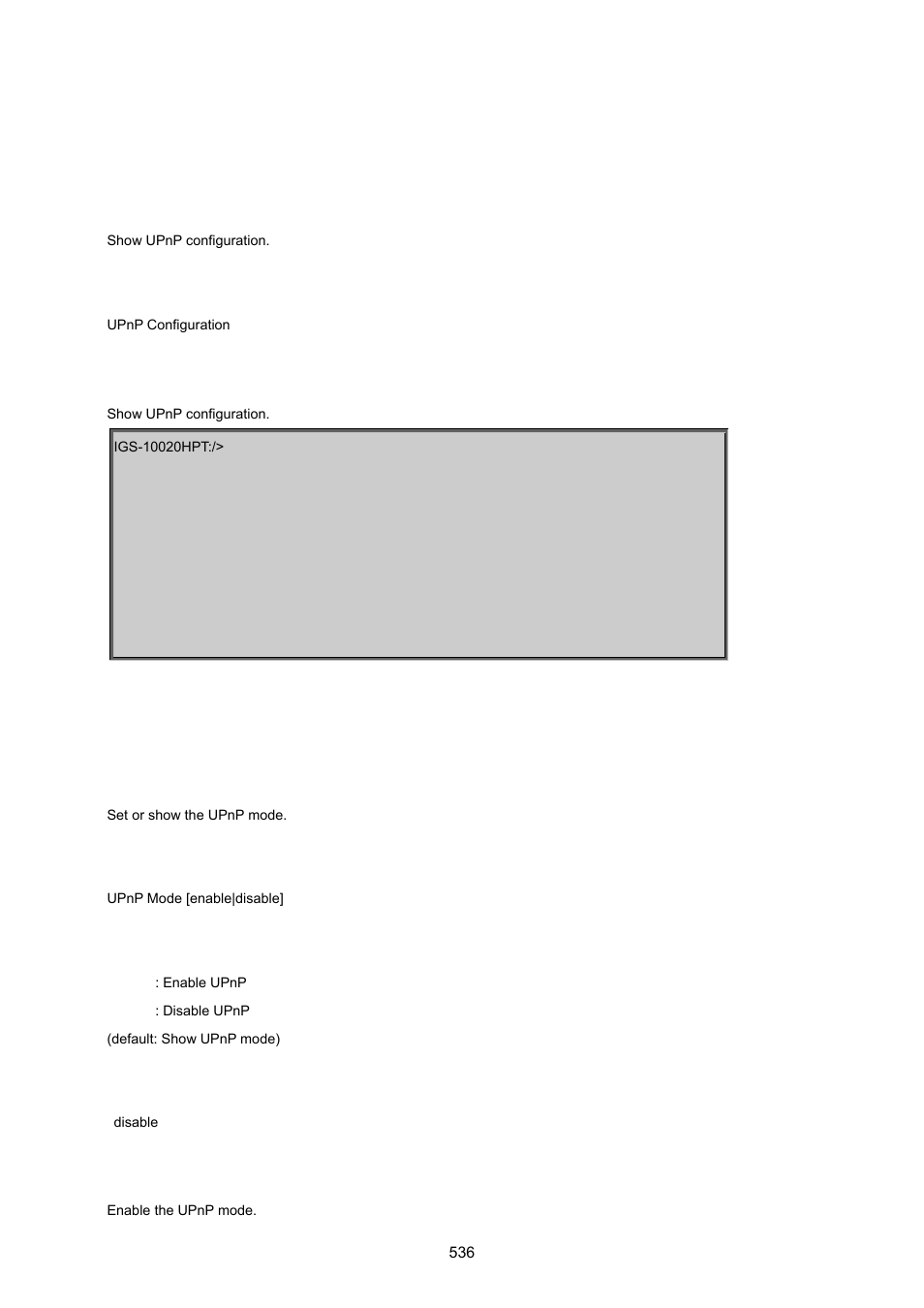 19 upnp command, Upnp configuration, Upnp mode | PLANET IGS-10020HPT User Manual | Page 536 / 615