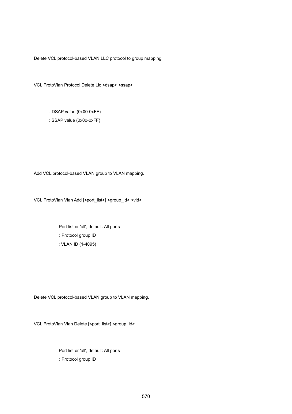 Vcl protocol-based vlan delete llc, Vcl protocol-based vlan add, Vcl protocol-based vlan delete | PLANET IGS-10020HPT User Manual | Page 570 / 615