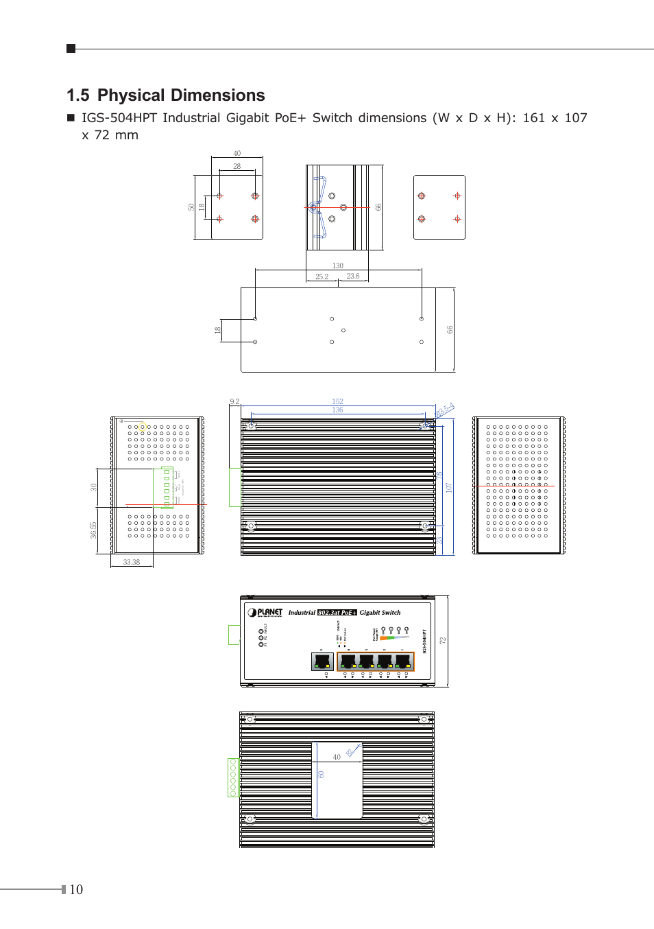 5 physical dimensions | PLANET IGS-504HPT User Manual | Page 10 / 36