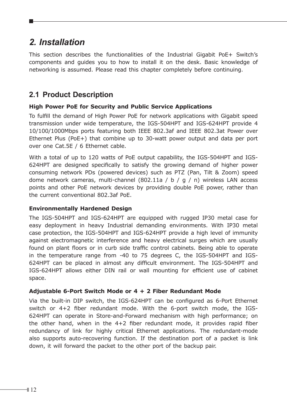 Installation 12, 1 product description, Installation | PLANET IGS-504HPT User Manual | Page 12 / 36