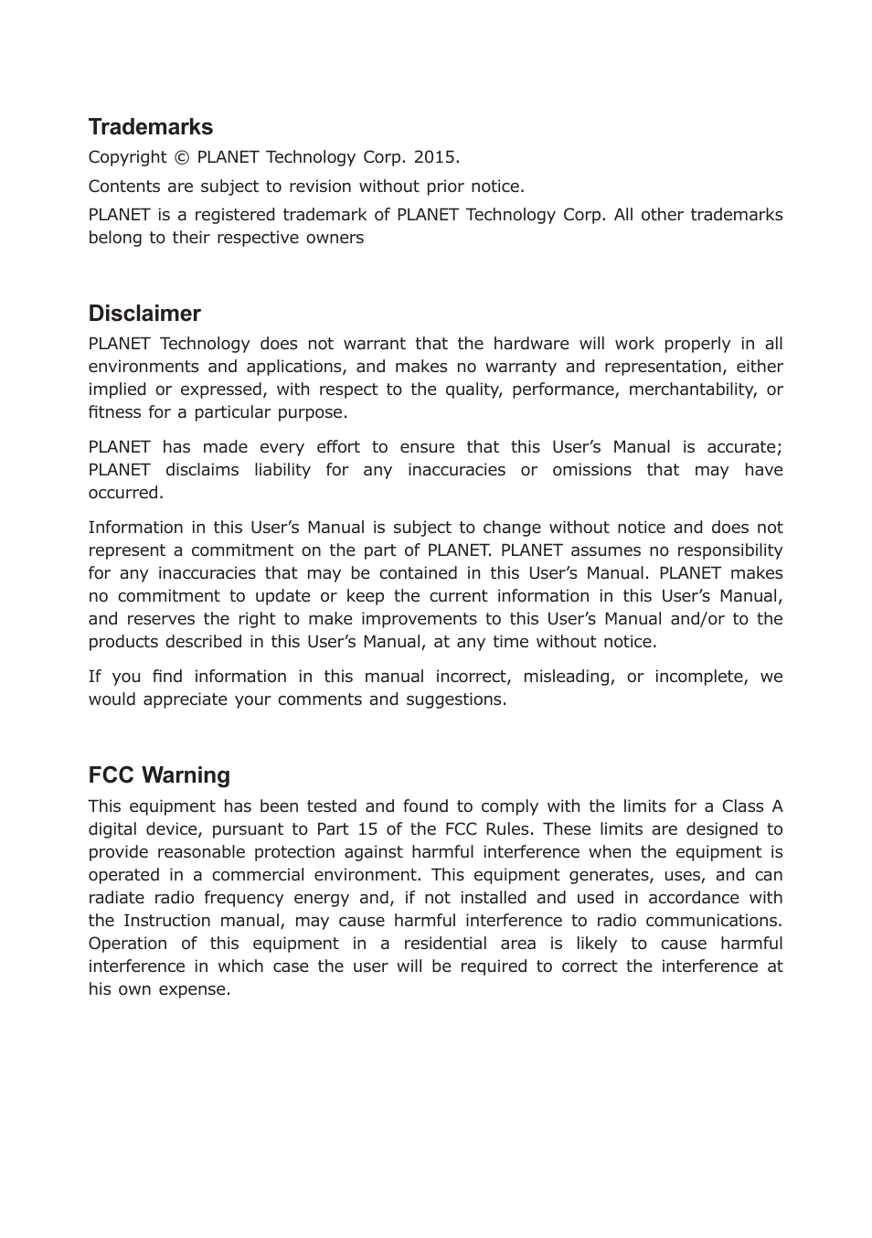 Trademarks, Disclaimer, Fcc warning | PLANET IGS-504HPT User Manual | Page 2 / 36