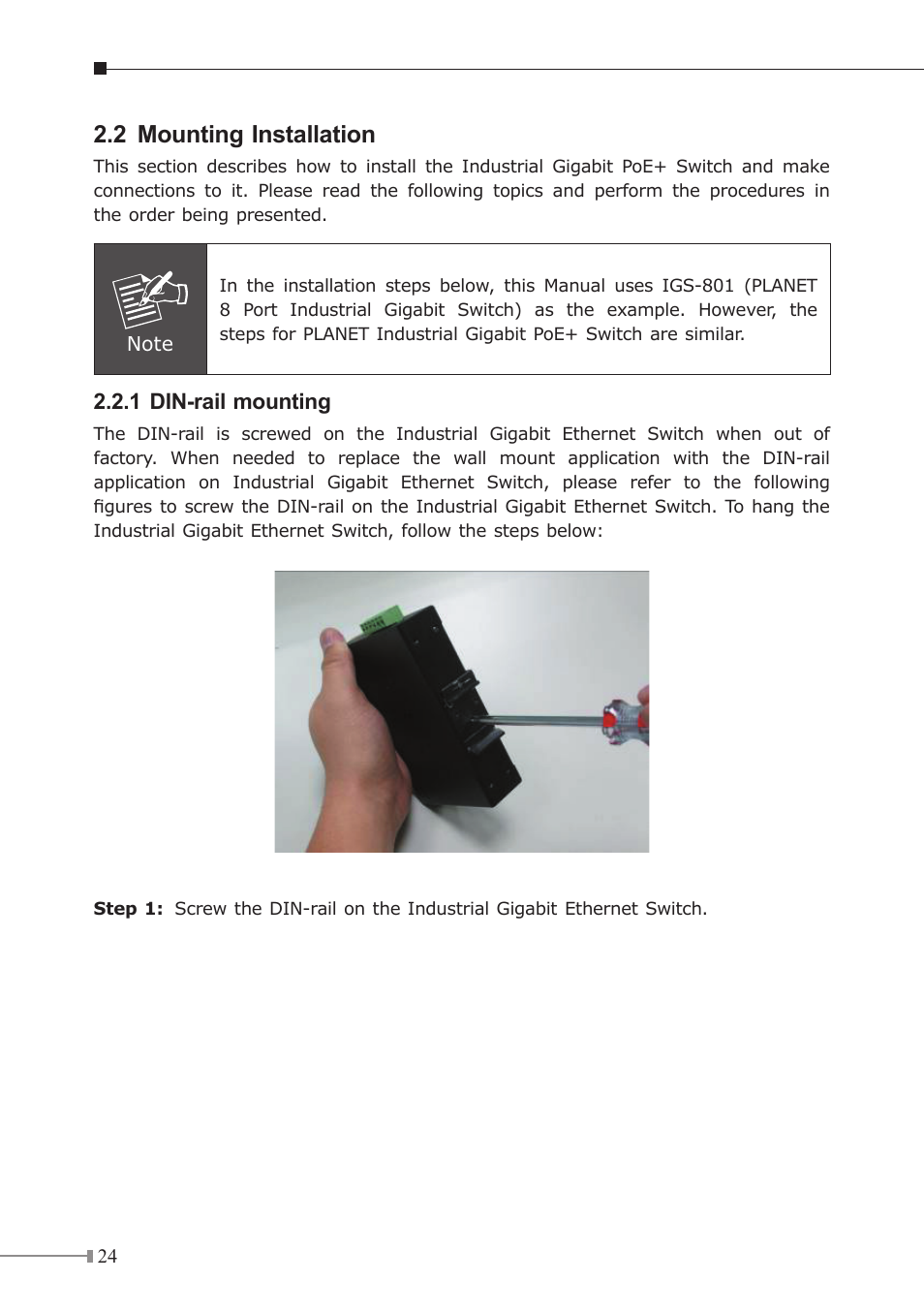 2 mounting installation, 1 din-rail mounting | PLANET IGS-504HPT User Manual | Page 24 / 36