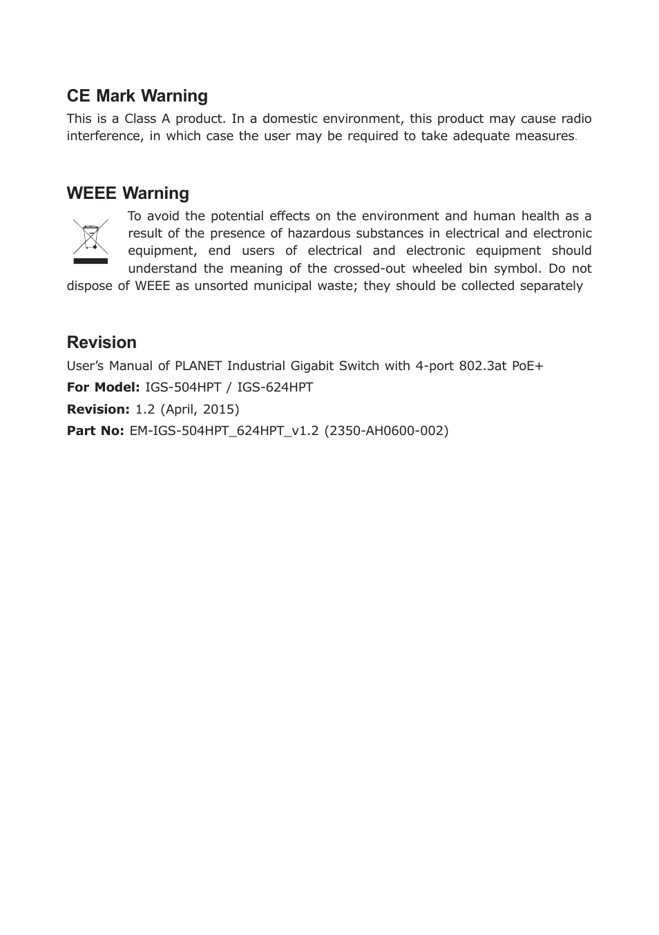 Ce mark warning, Weee warning, Revision | PLANET IGS-504HPT User Manual | Page 3 / 36