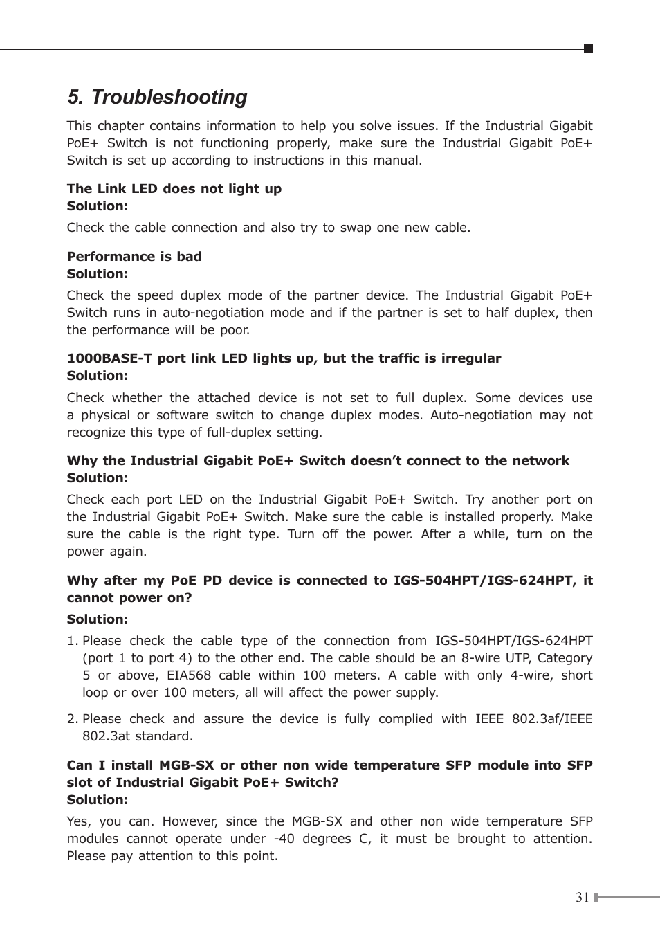 Troubleshooting | PLANET IGS-504HPT User Manual | Page 31 / 36