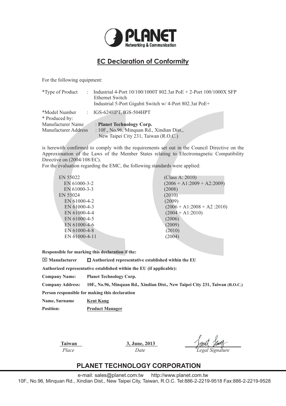 Ec declaration of conformity, Planet technology corporation | PLANET IGS-504HPT User Manual | Page 35 / 36