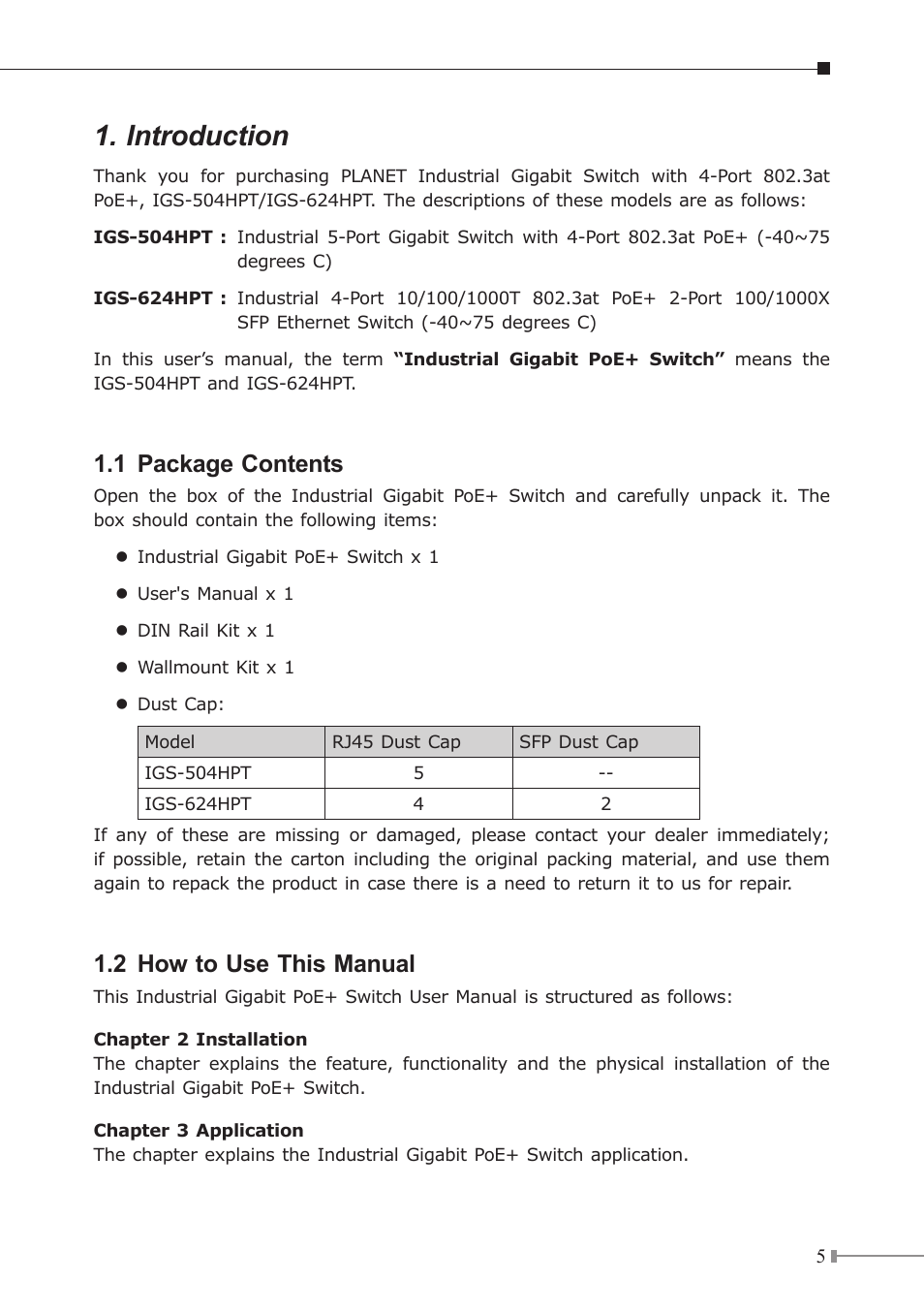 Introduction, 1 package contents, 2 how to use this manual | PLANET IGS-504HPT User Manual | Page 5 / 36