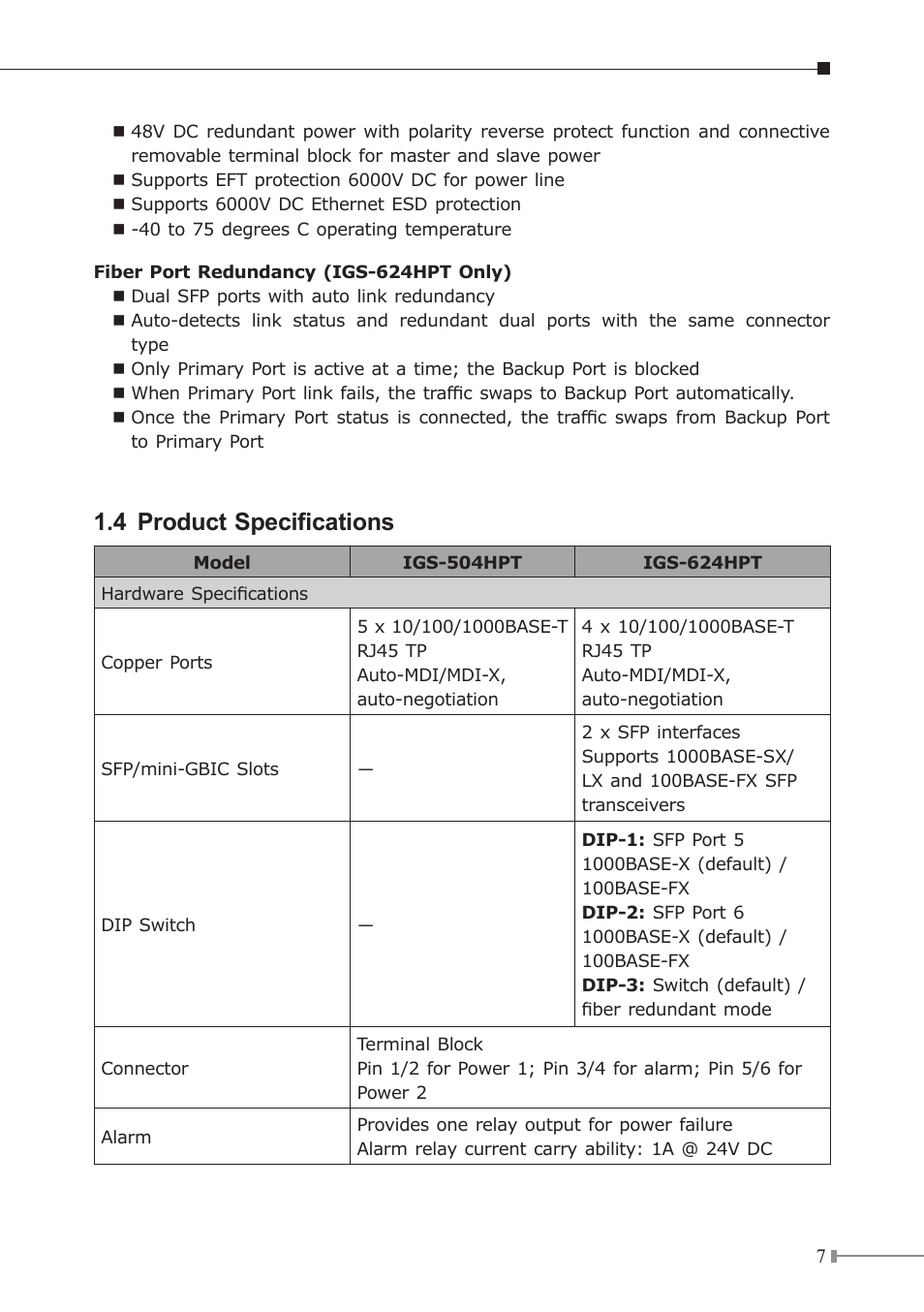 4 product specifications | PLANET IGS-504HPT User Manual | Page 7 / 36