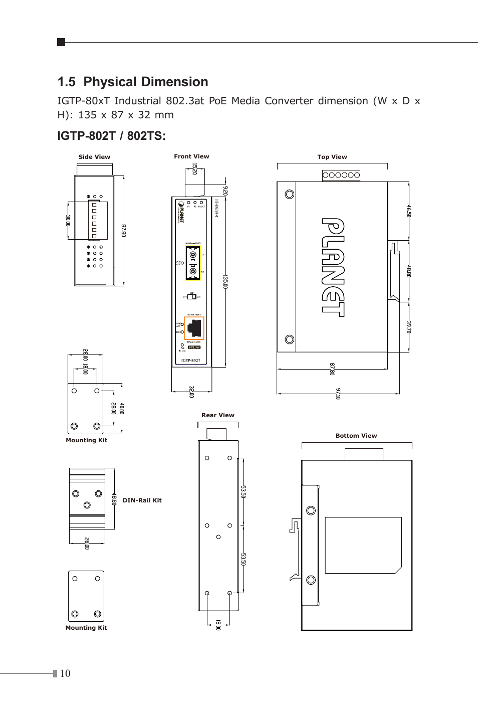5 physical dimension | PLANET IGTP-80xT Series User Manual | Page 10 / 32