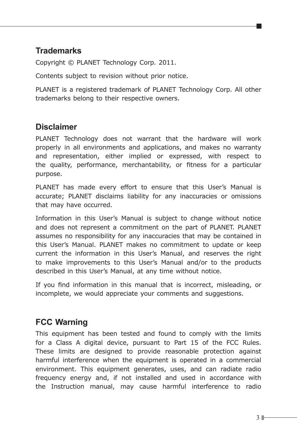 Trademarks, Disclaimer, Fcc warning | PLANET IGTP-80xT Series User Manual | Page 3 / 32
