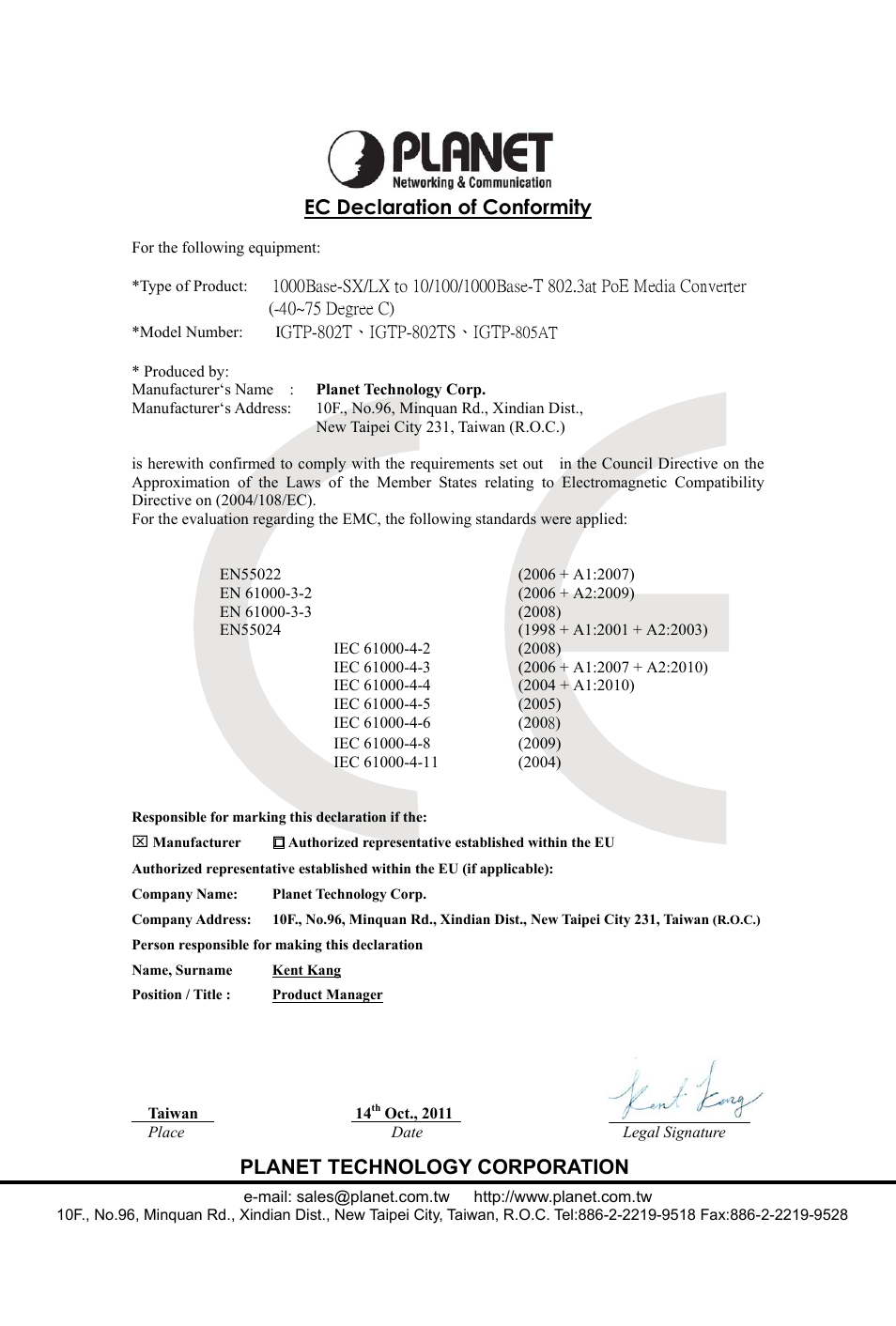 Ec declaration of conformity, Planet technology corporation | PLANET IGTP-80xT Series User Manual | Page 32 / 32