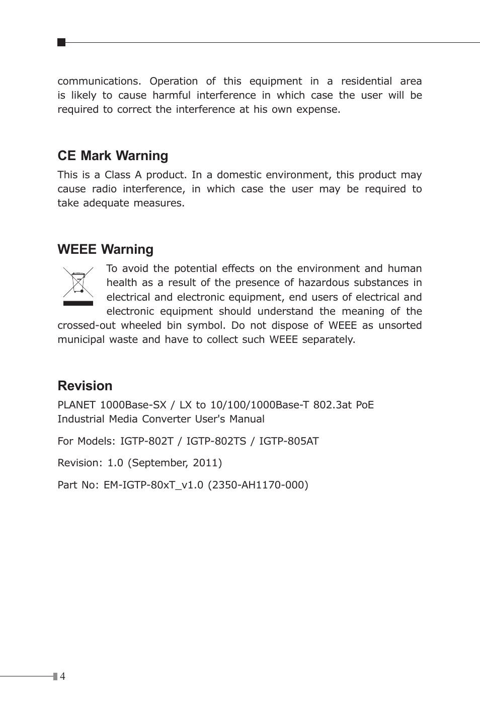 Ce mark warning, Weee warning, Revision | PLANET IGTP-80xT Series User Manual | Page 4 / 32