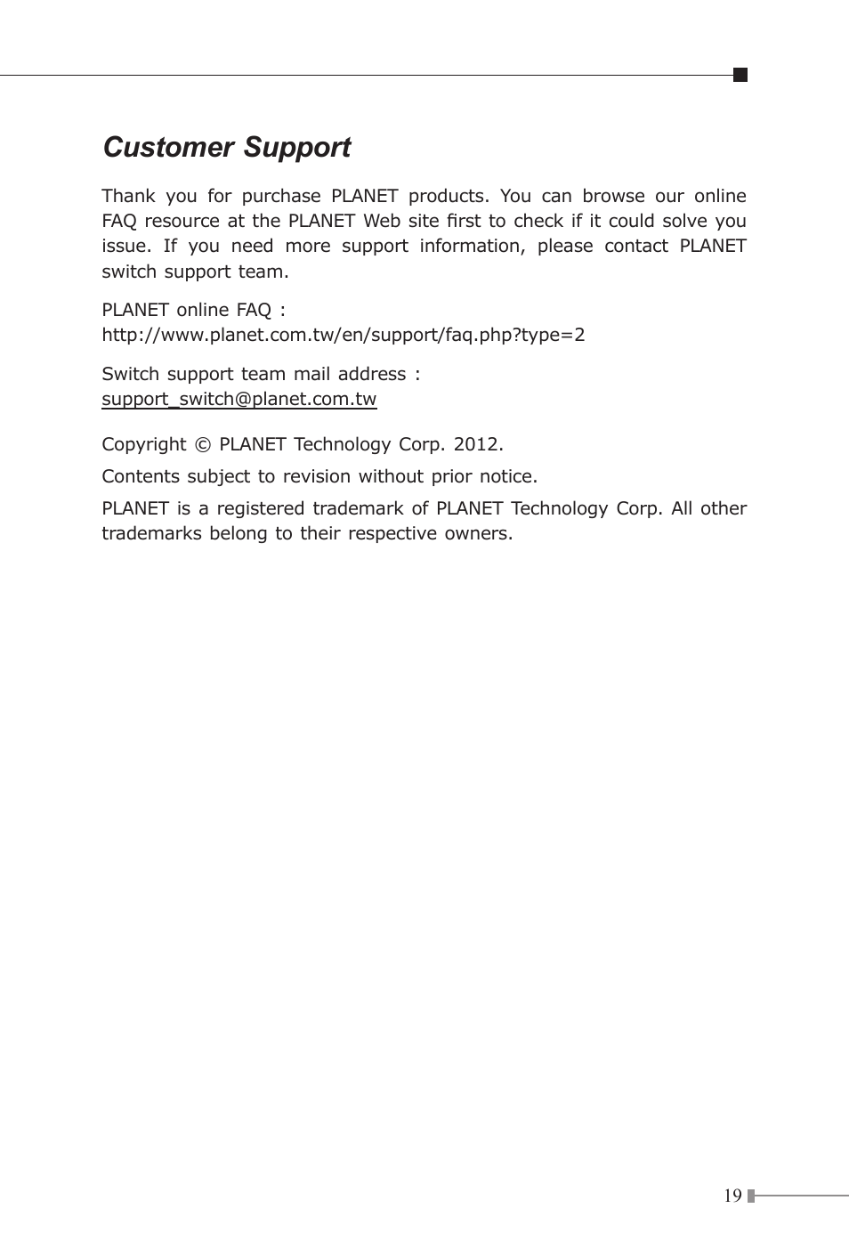 Customer support | PLANET IPOE-162 User Manual | Page 19 / 20