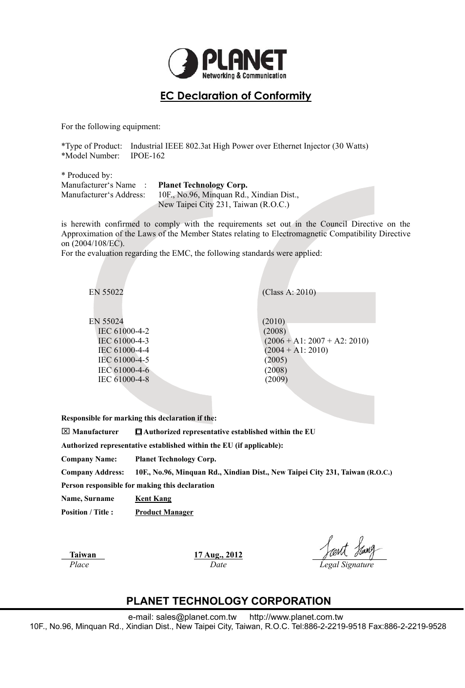 Ec declaration of conformity, Planet technology corporation | PLANET IPOE-162 User Manual | Page 20 / 20