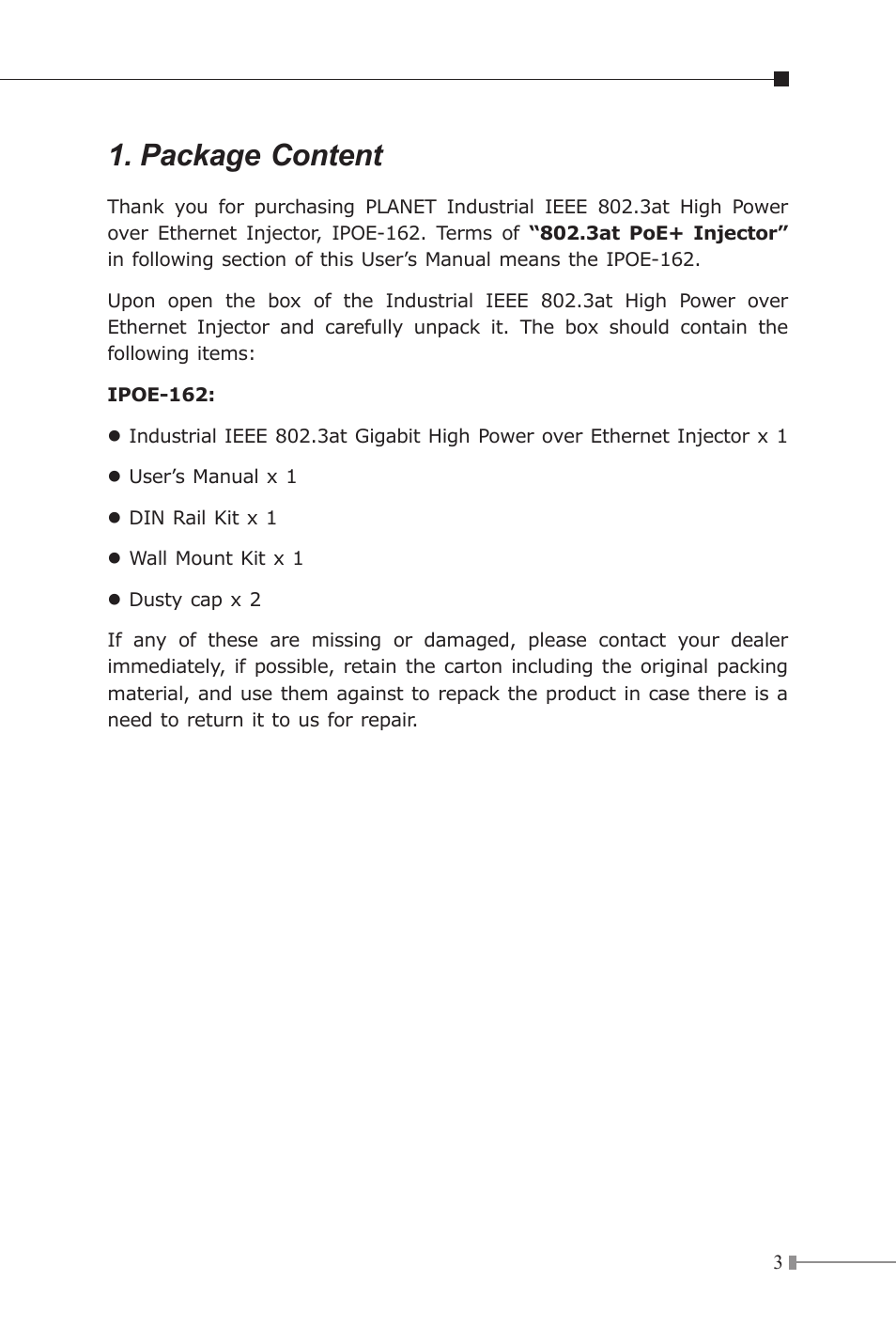 Package content | PLANET IPOE-162 User Manual | Page 3 / 20