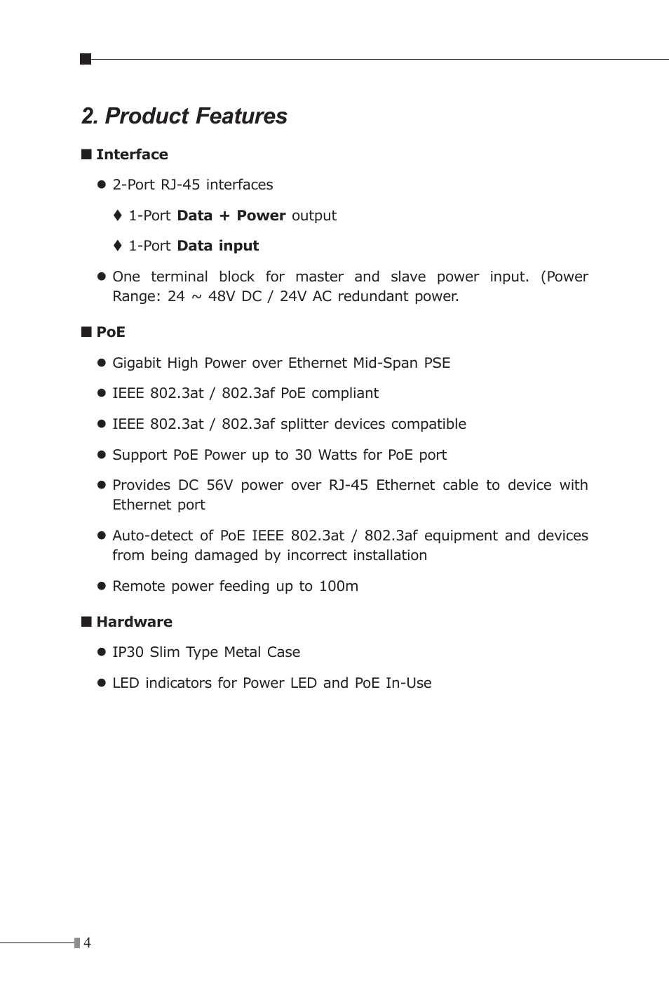 Product features | PLANET IPOE-162 User Manual | Page 4 / 20