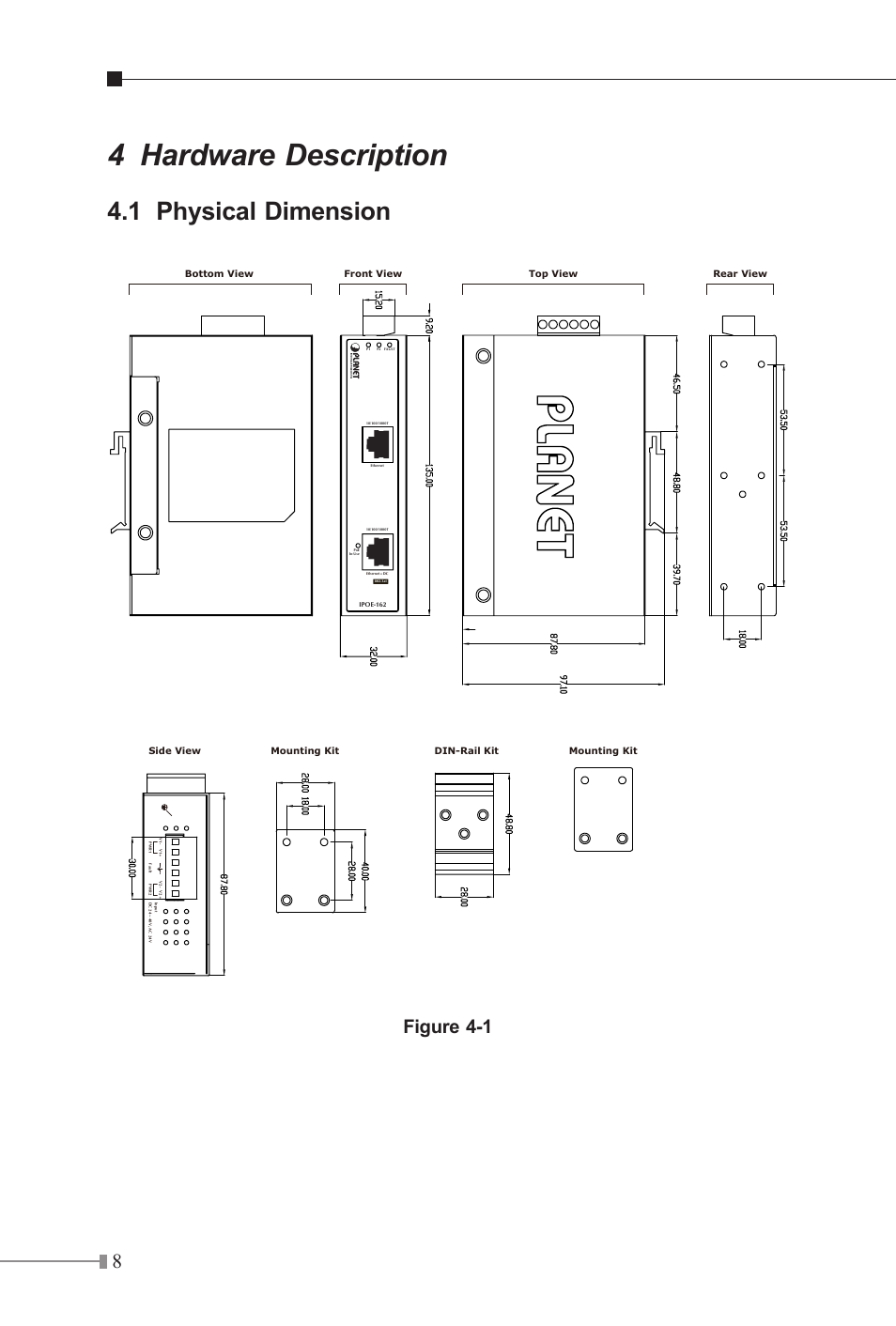 4 hardware description, 1 physical dimension, Figure 4-1 | PLANET IPOE-162 User Manual | Page 8 / 20