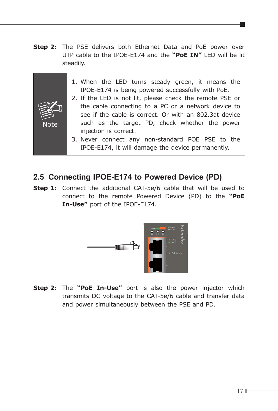 5 connecting ipoe-e174 to powered device (pd) | PLANET IPOE-E174 User Manual | Page 17 / 20