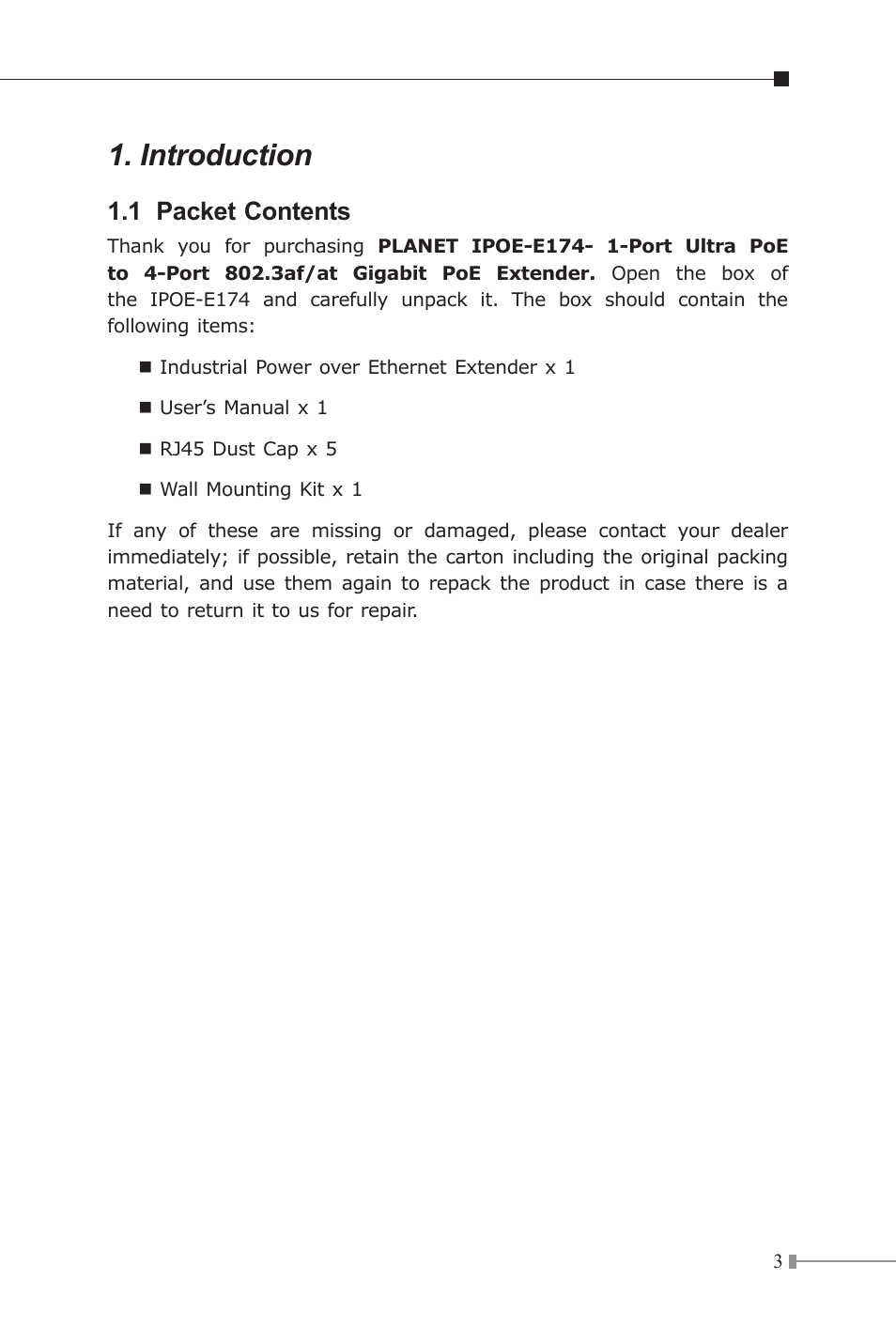 Introduction, 1 packet contents | PLANET IPOE-E174 User Manual | Page 3 / 20