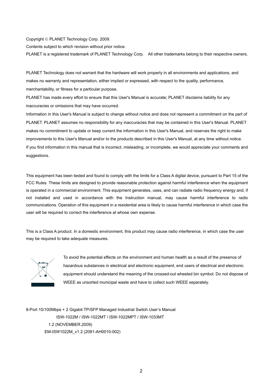 Trademarks, Disclaimer, Weee warning | PLANET ISW-1022MPT User Manual | Page 2 / 167