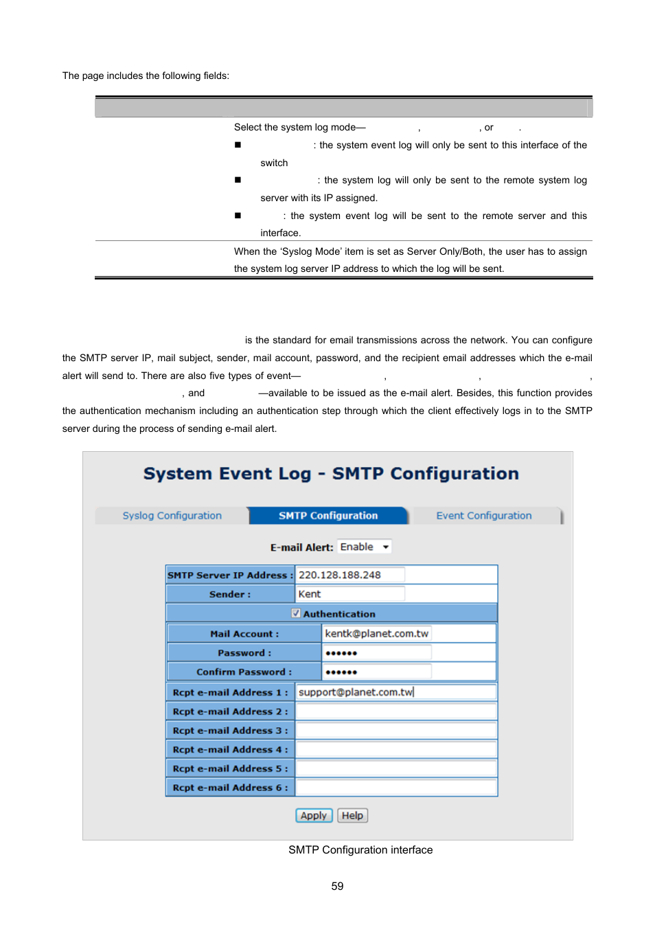 2 system event log—smtp configuration | PLANET ISW-1022MPT User Manual | Page 59 / 167