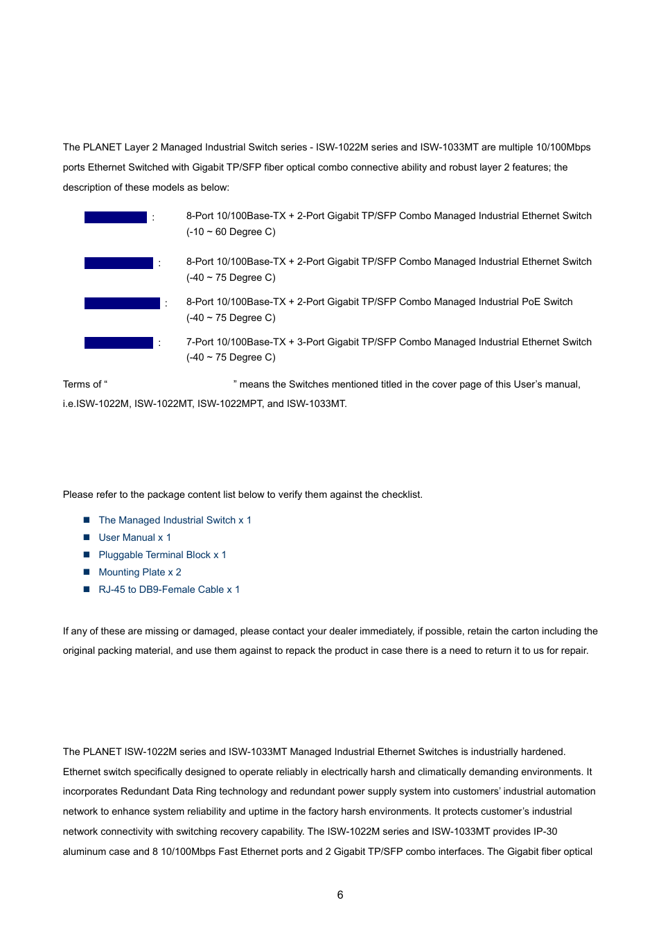 Introduction, 1 package contents, 2 product description | Ackage, Ontents, Roduct, Escription | PLANET ISW-1022MPT User Manual | Page 6 / 167