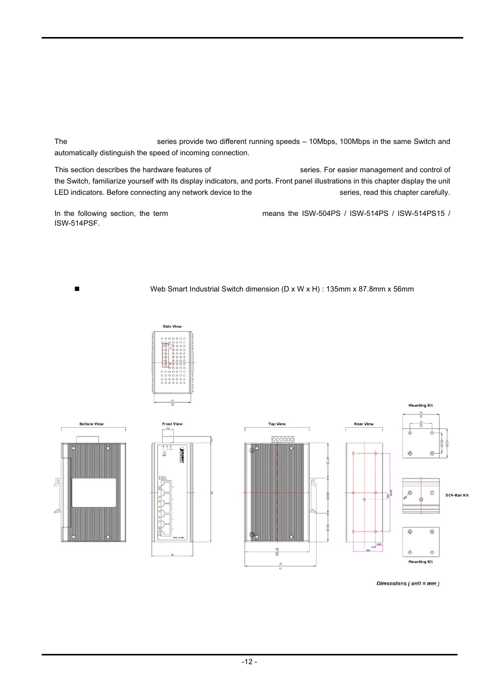 Installation, 1 hardware description, 1 physical dimension | Ardware, Escription | PLANET ISW-504PS User Manual | Page 12 / 89