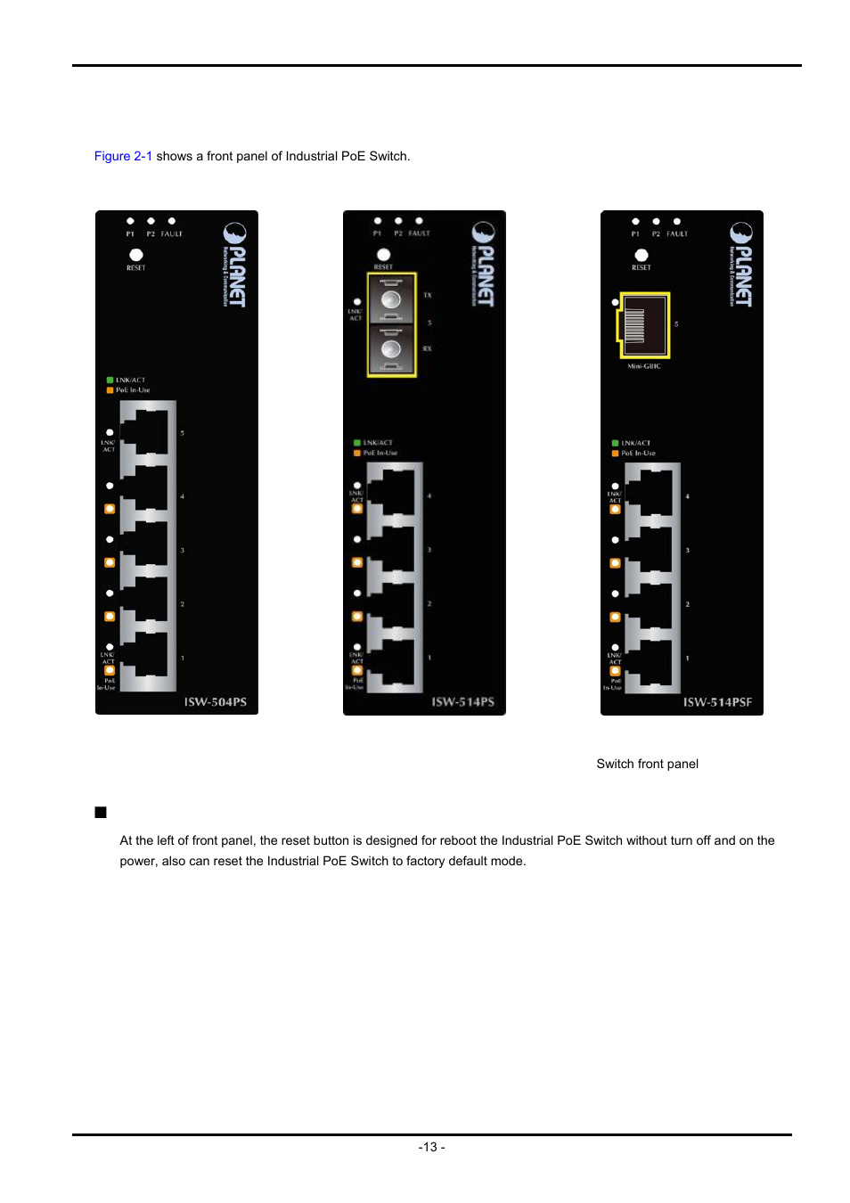 2 front panel | PLANET ISW-504PS User Manual | Page 13 / 89