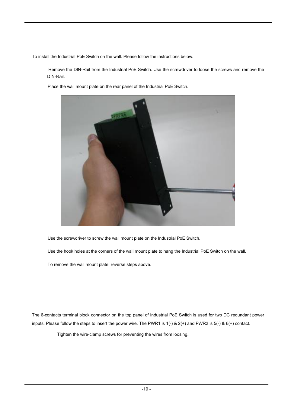 3 wall mount plate mounting, 3 wiring the power inputs, Iring the | Ower, Nputs | PLANET ISW-504PS User Manual | Page 19 / 89