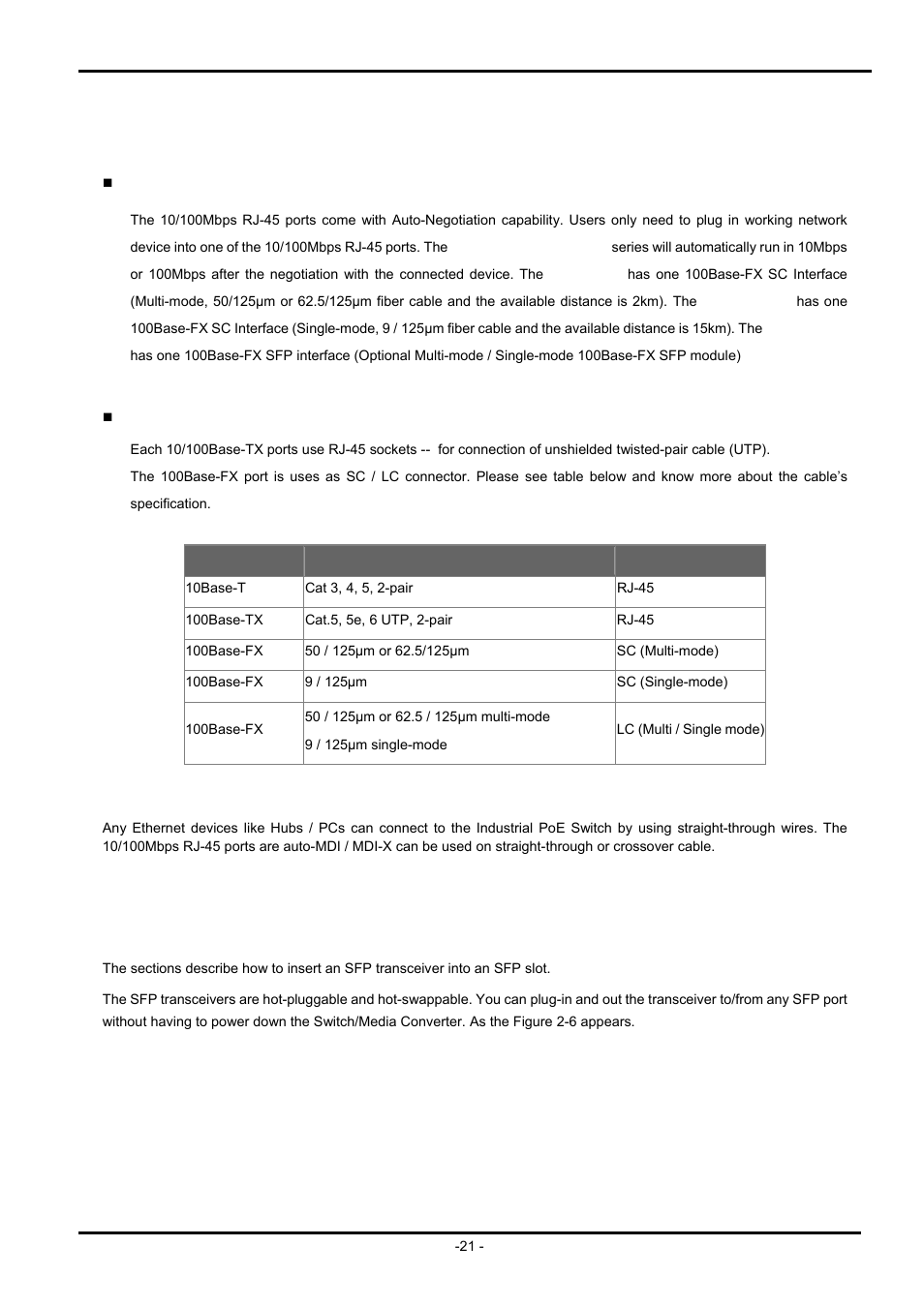 5 cabling, 1 installing the sfp transceiver (isw-514psf only), Abling | PLANET ISW-504PS User Manual | Page 21 / 89