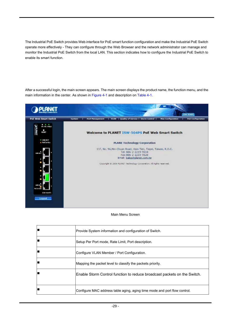 Web configuration, 1 main menu | PLANET ISW-504PS User Manual | Page 29 / 89