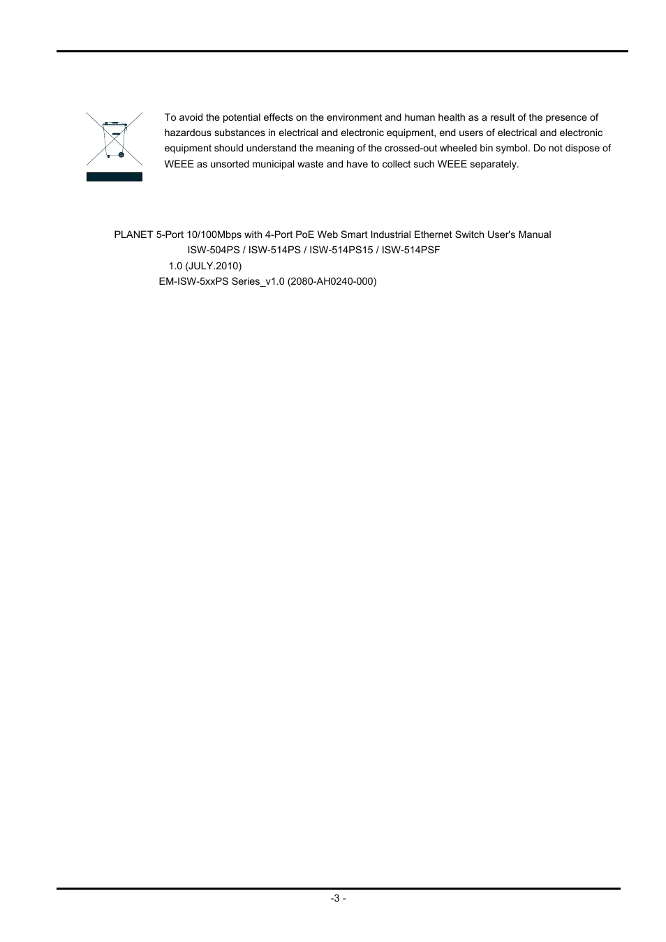 Revision, Weee warning | PLANET ISW-504PS User Manual | Page 3 / 89