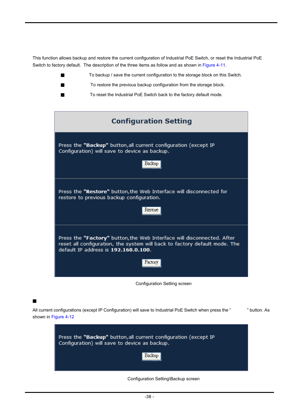 5 configuration setting, Backup | PLANET ISW-504PS User Manual | Page 38 / 89