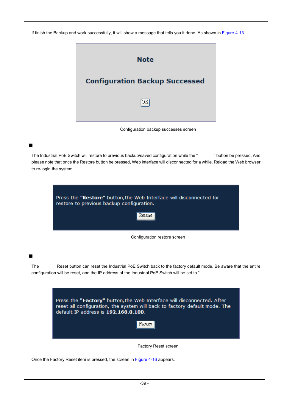 Restore, Factory reset | PLANET ISW-504PS User Manual | Page 39 / 89