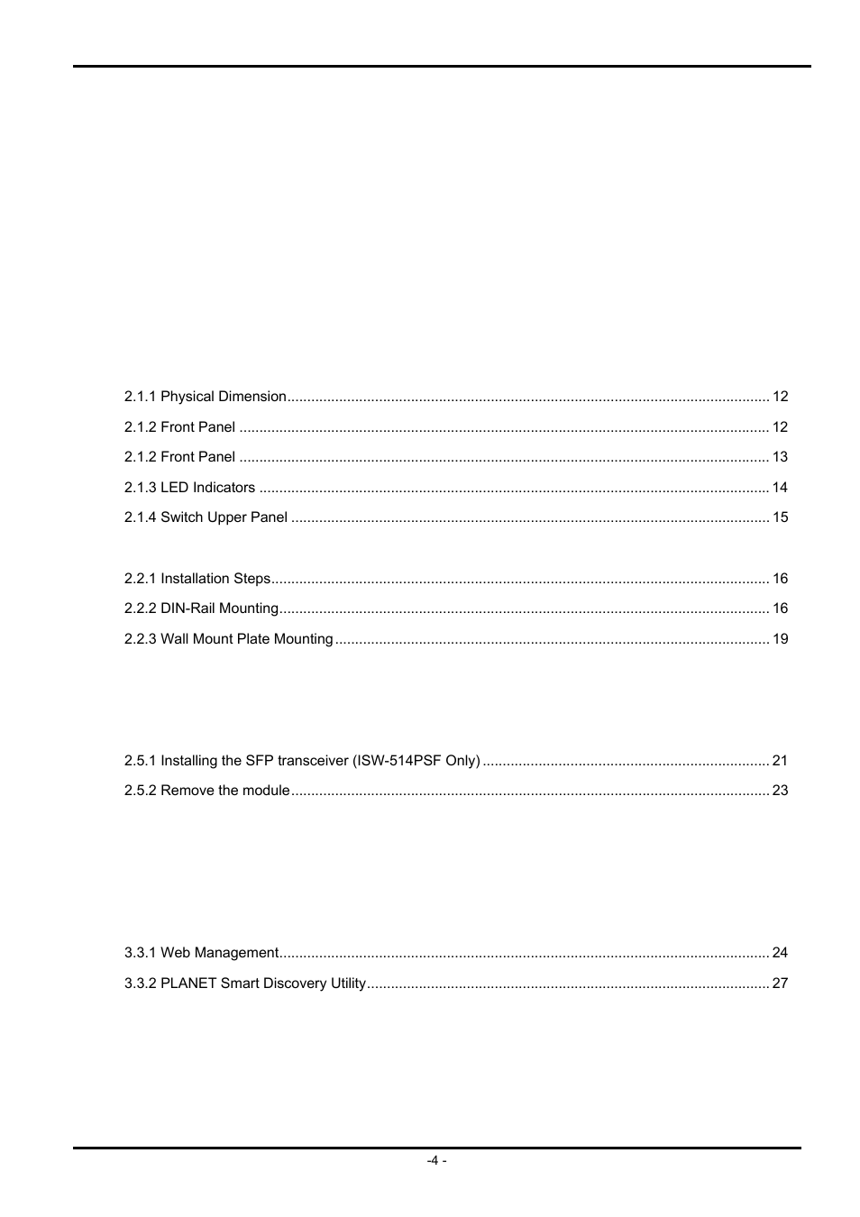 Table of contents 1. introduction, Installation, 3 management | Web configuration | PLANET ISW-504PS User Manual | Page 4 / 89