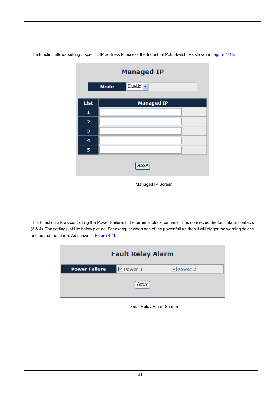 7 managed ip, 8 fault relay alarm | PLANET ISW-504PS User Manual | Page 41 / 89