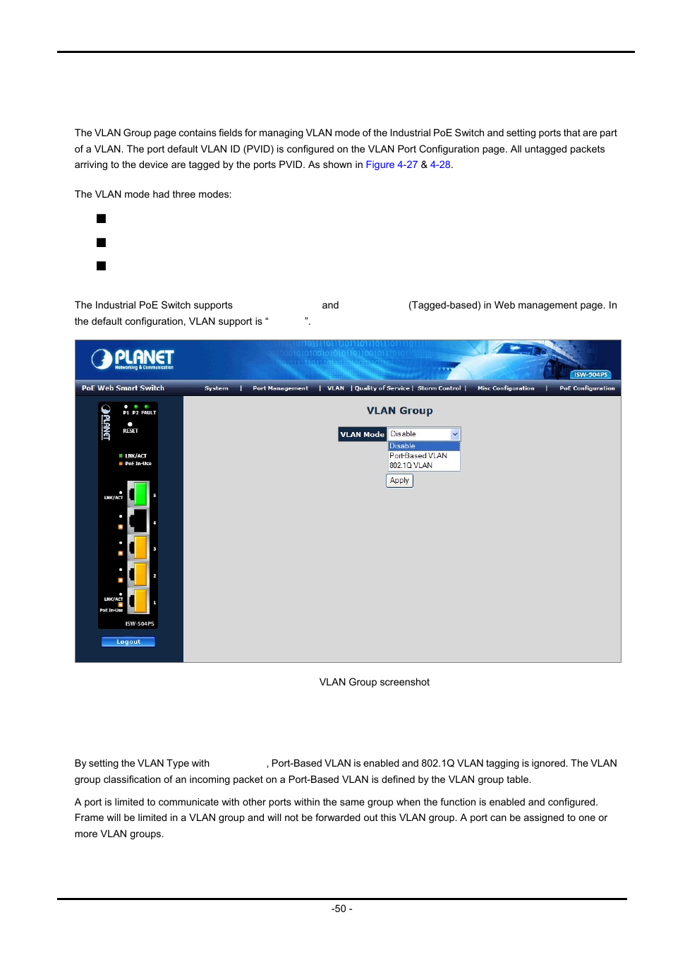 1 vlan group, 1 port-based vlan | PLANET ISW-504PS User Manual | Page 50 / 89