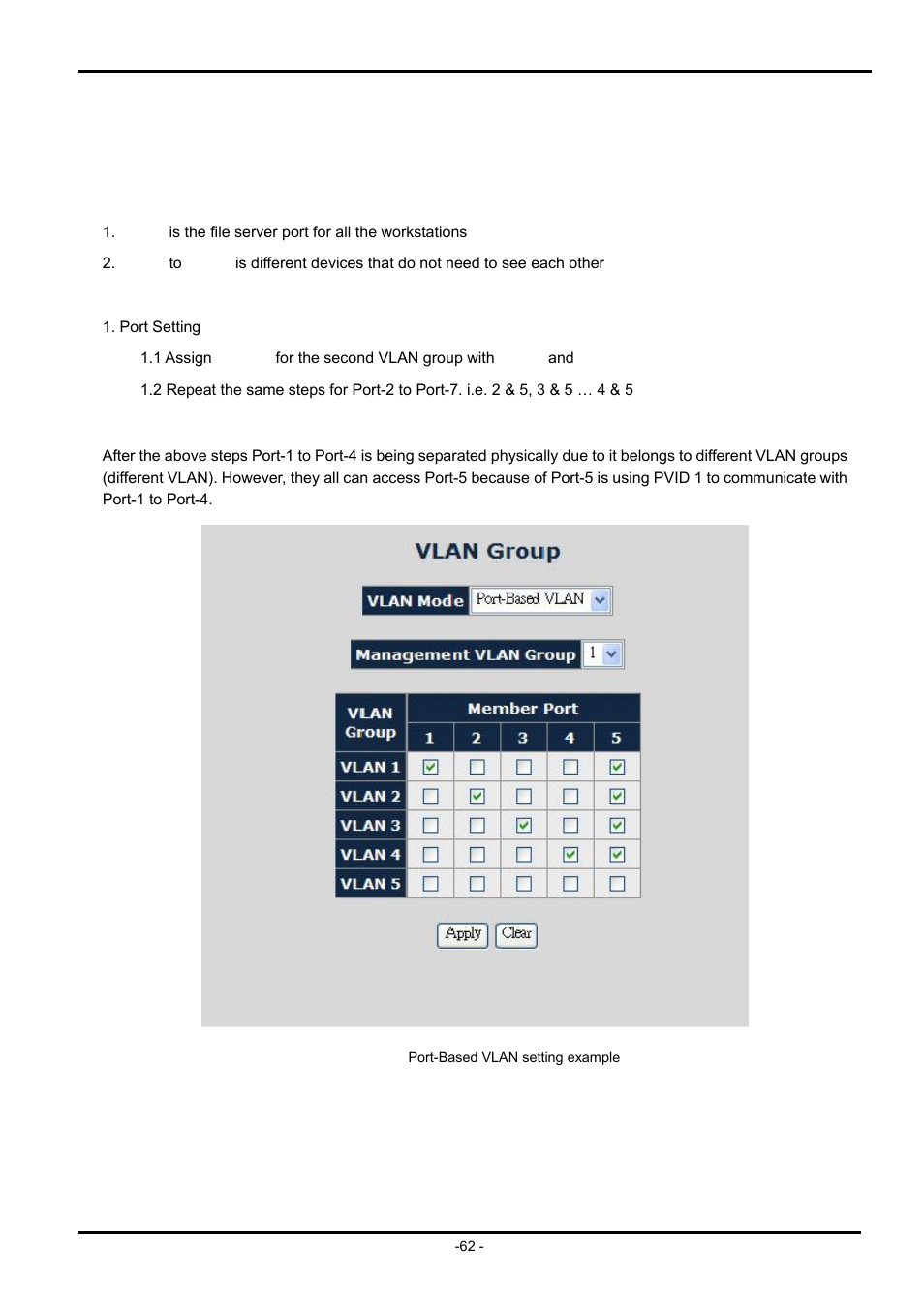 3 port-based vlan setting example | PLANET ISW-504PS User Manual | Page 62 / 89