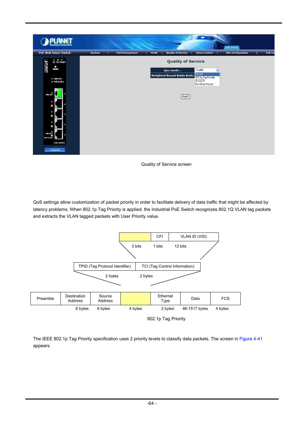 1 802.1p tag priority mode | PLANET ISW-504PS User Manual | Page 64 / 89