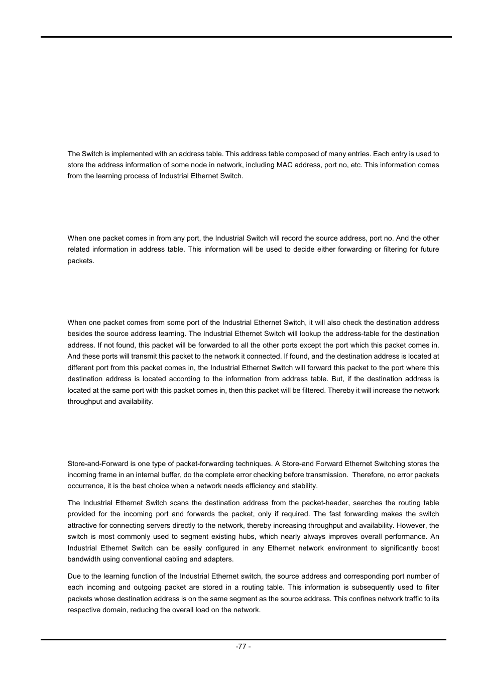 Switch operation, 1 address table, 2 learning | 3 forwarding & filtering, 4 store-and-forward, Ddress, Able, Earning, Orwarding, Iltering | PLANET ISW-504PS User Manual | Page 77 / 89