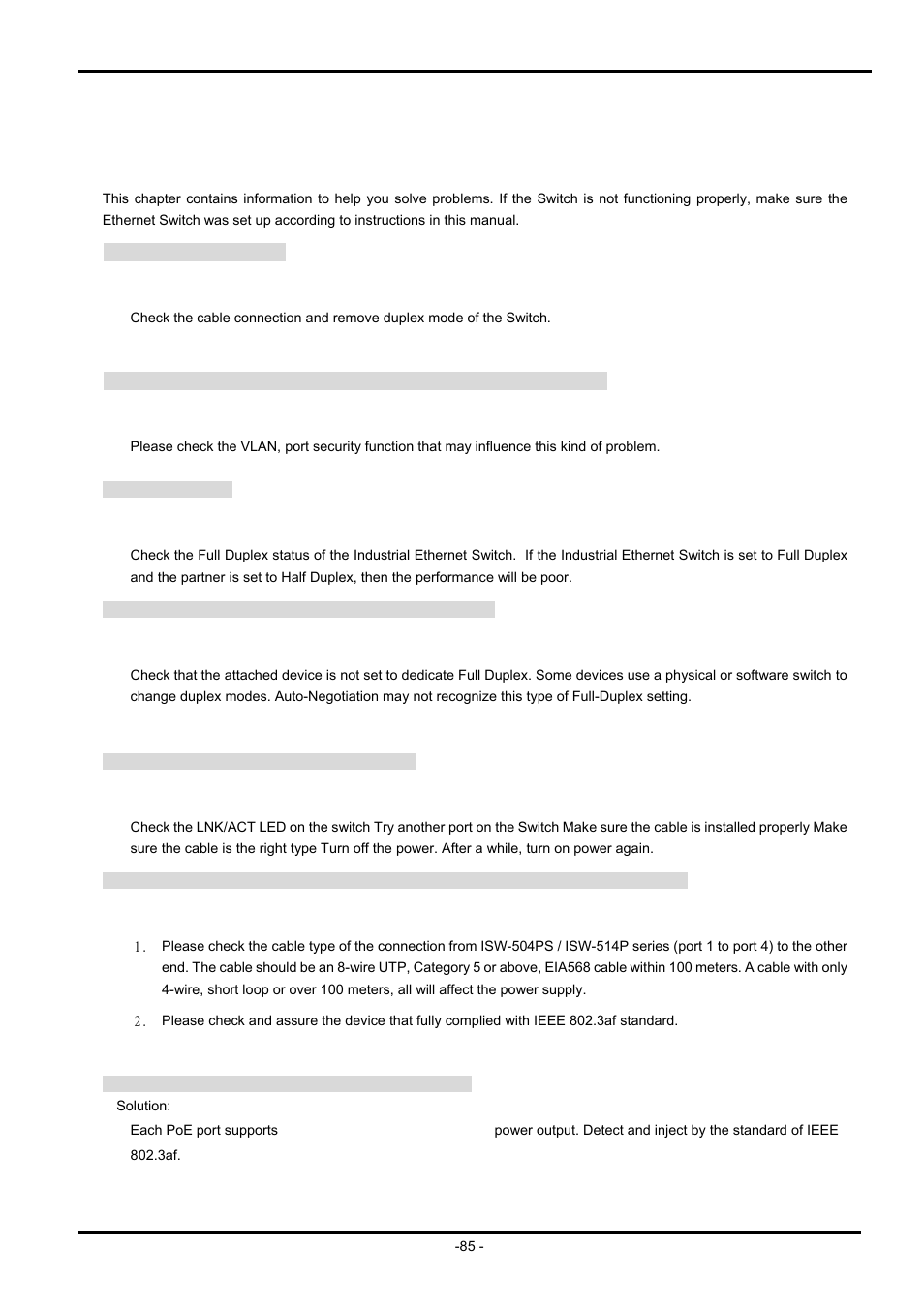 Troubleshooting, Performance is bad | PLANET ISW-504PS User Manual | Page 85 / 89