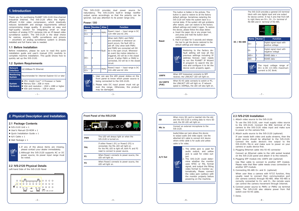 Introduction, Physical description and installation, 1 before installation | 2 system requirements, 1 package contents, Power / do, Front panel of the ivs-2120 | PLANET IVS-2120 User Manual | Page 7 / 16