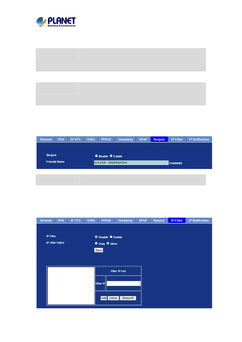 Bonjour, Ip filter, Bonjour 6.1.9. ip filter | PLANET IVS-2120 User Manual | Page 46 / 87