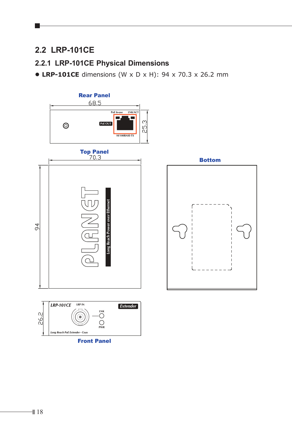 2 lrp-101ce, 1 lrp-101ce physical dimensions | PLANET LRP-101C-KIT User Manual | Page 18 / 36
