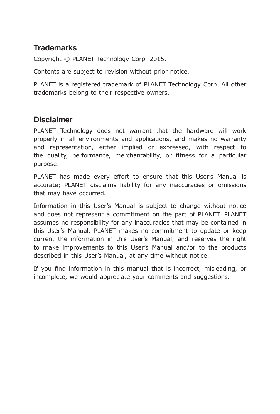 Trademarks, Disclaimer | PLANET LRP-101C-KIT User Manual | Page 2 / 36