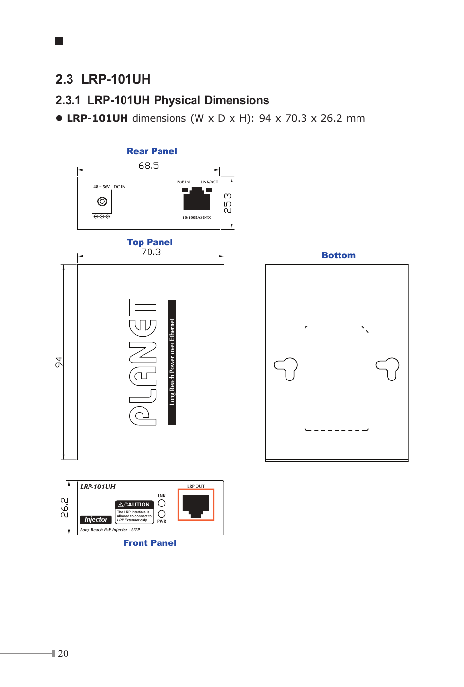 3 lrp-101uh, 1 lrp-101uh physical dimensions, Rear panel top panel bottom front panel | PLANET LRP-101C-KIT User Manual | Page 20 / 36